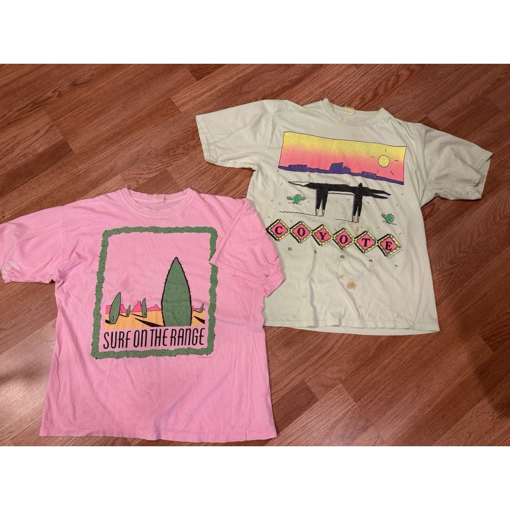 Vintage 80s 90s Sun Sportswear Neon Southwest T-Shirts L/XL Tee USA Pink Green